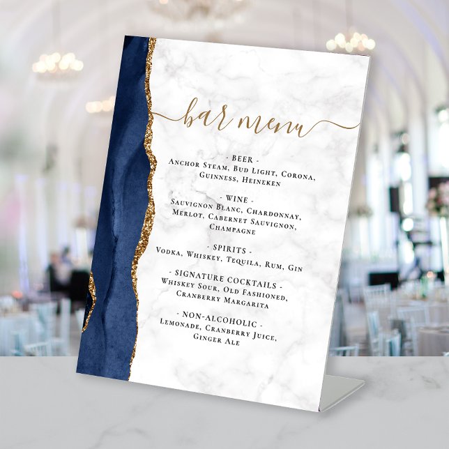 Wedding Bar Menu Navy Blue Gold Agate Marble Pedestal Sign (Creator Uploaded)