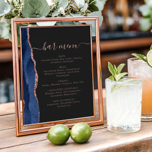 Wedding Bar Menu Navy Blue Rose Gold Agate Dark Poster