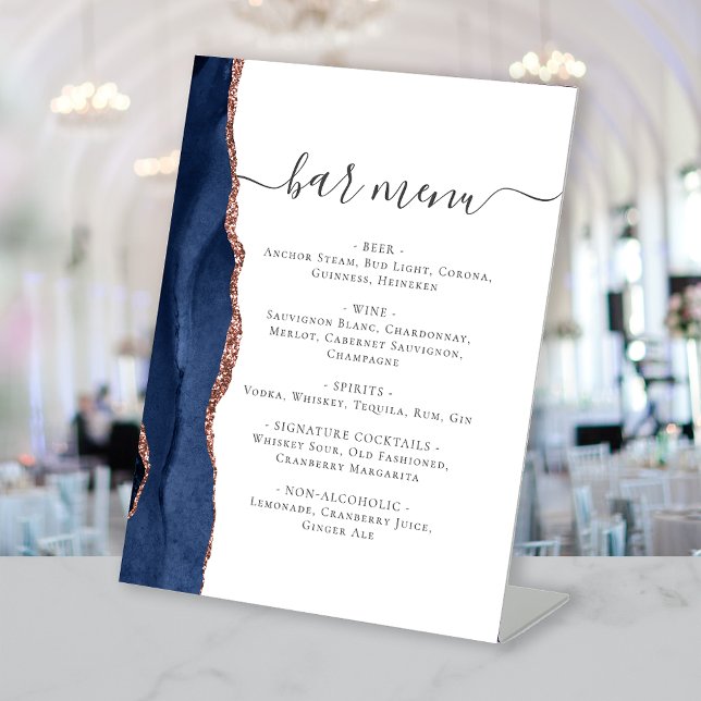 Wedding Bar Menu Navy Blue Rose Gold Agate Pedestal Sign (Creator Uploaded)