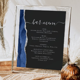 Wedding Bar Menu Navy Blue Silver Agate Dark Poster