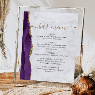 Wedding Bar Menu Purple Agate Marble Poster