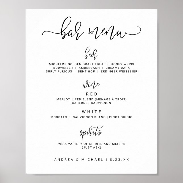 Wedding Bar Menu Sign - Bounce Calligraphy (Black) (Front)