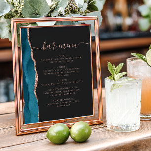 Wedding Bar Menu Teal Blue Rose Gold Agate Dark Poster