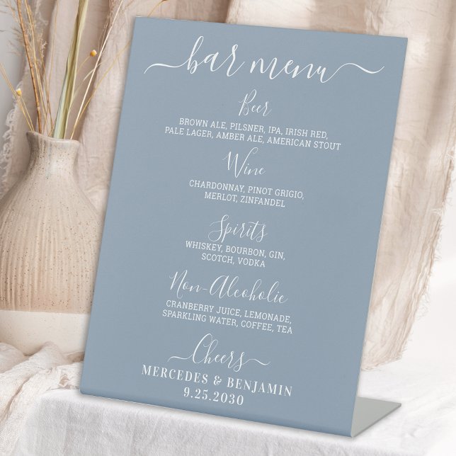 Wedding Bar Personalised Dusty Blue Drink Menu  Pedestal Sign (Creator Uploaded)