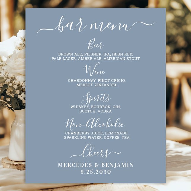 Wedding Bar Personalised Dusty Blue Drink Menu Poster (Creator Uploaded)