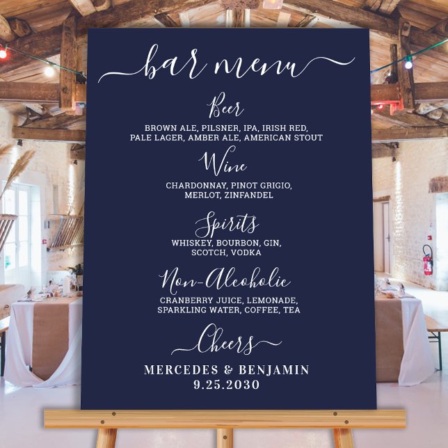 Wedding Bar Personalised Navy Blue Drink Menu Poster (Creator Uploaded)