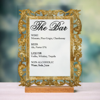 Wedding Bar Sign - Gold Frame Acrylic Display