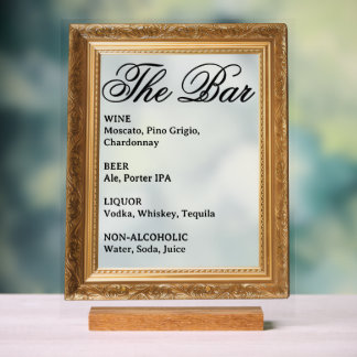 Wedding Bar Sign - Gold Frame Acrylic Display