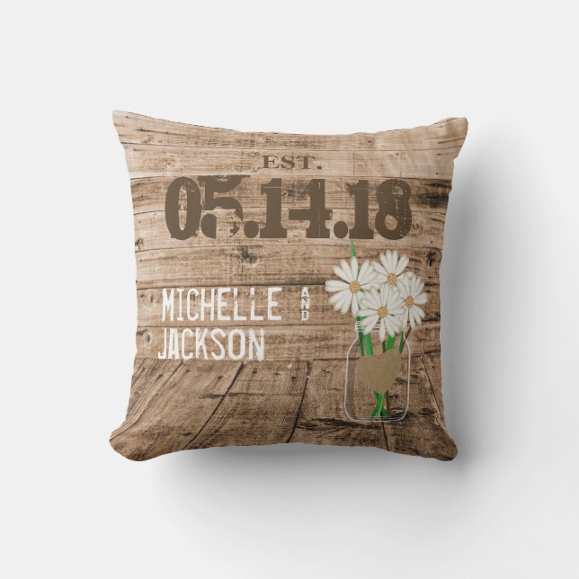 Wedding Barn Wood Design with Daisies Cushion (Front)