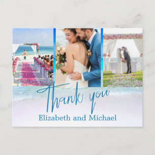 Wedding Beach Blue Ocean 3 Photo Elegant Thank You Postcard