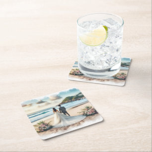 Wedding Beach Couple Square Paper Coaster