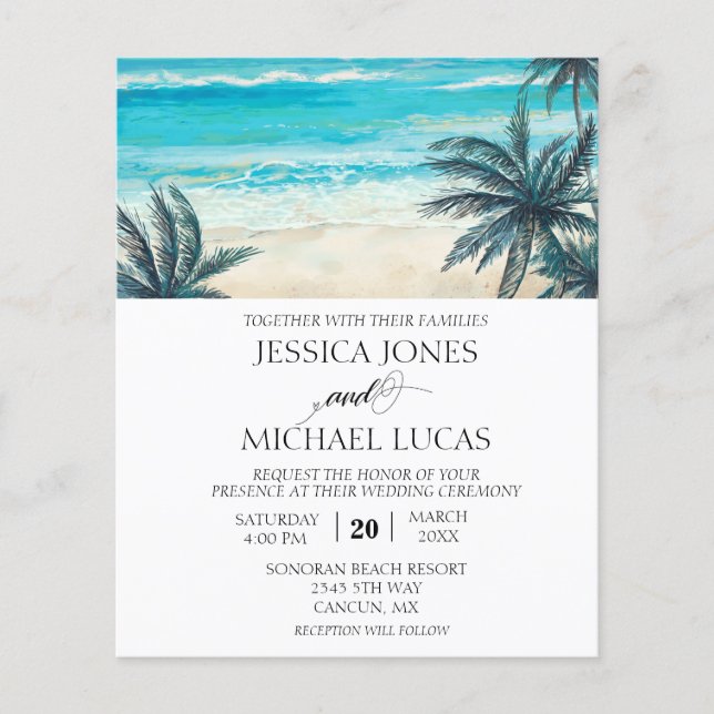 Wedding Beach Destination Ocean Watercolor Budget Flyer (Front)