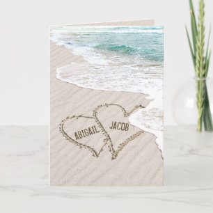 Wedding Beach Hearts In Sand With Surf and Names Card