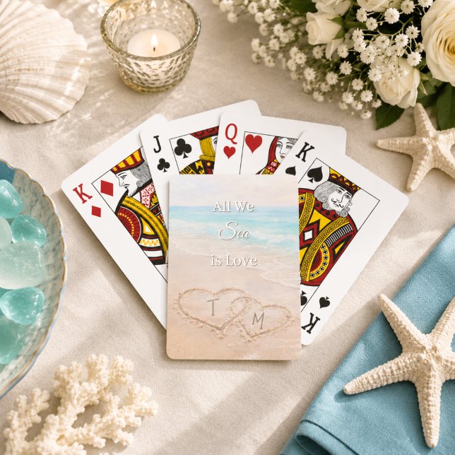 Wedding Beach Hearts Sand Monogrammed  Playing Cards (Creator Uploaded)