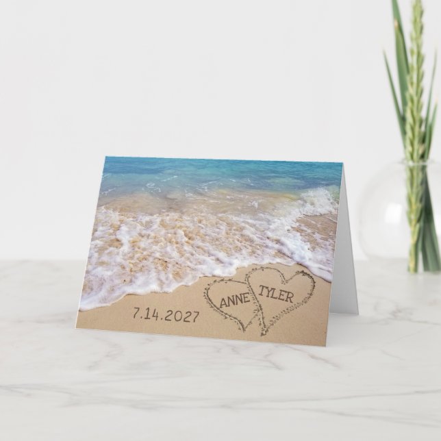 Wedding Beach Hearts with Names Card (Front)