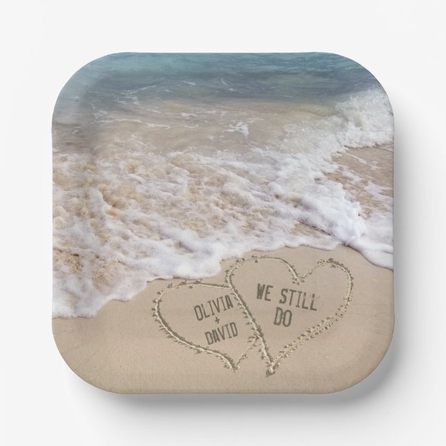 Wedding Beach Hearts with Names Paper Plate (Front)