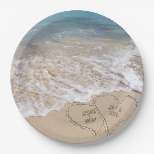 Wedding Beach Hearts with Names Paper Plate
