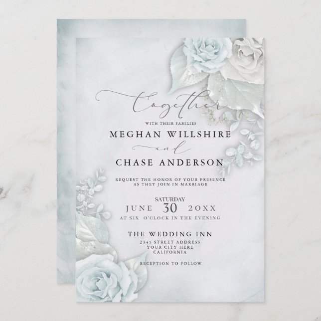 Wedding | Beautiful Pale Blue Roses Invitation (Front/Back)