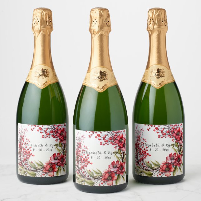 Wedding Beautiful Red Flowers Leaves Greenery Sparkling Wine Label (Bottles)