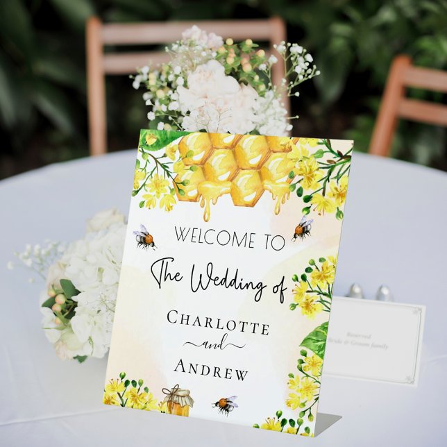 Wedding bee yellow florals honey welcome pedestal sign (Creator Uploaded)