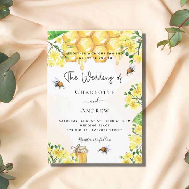 Wedding bees yellow florals honeycomb invitation (Creator Uploaded)