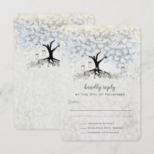 Wedding Bell Blue Heart Leaf Tree Wedding RSVP Invitation