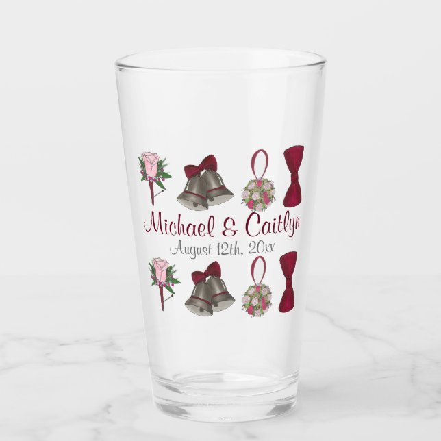 Wedding Bells Bow Tie Floral Bouquet Anniversary Glass (Front)