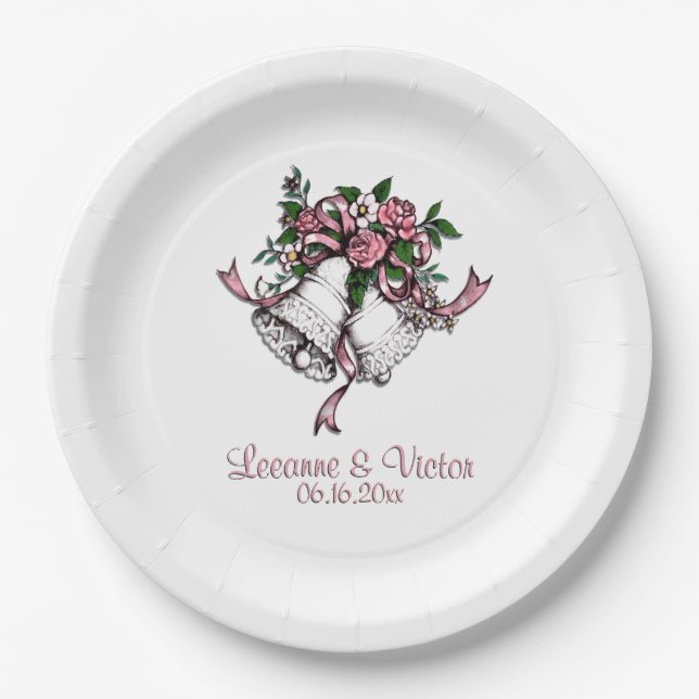 Wedding Bells Pink Names Date Personalised Paper Plate (Front)