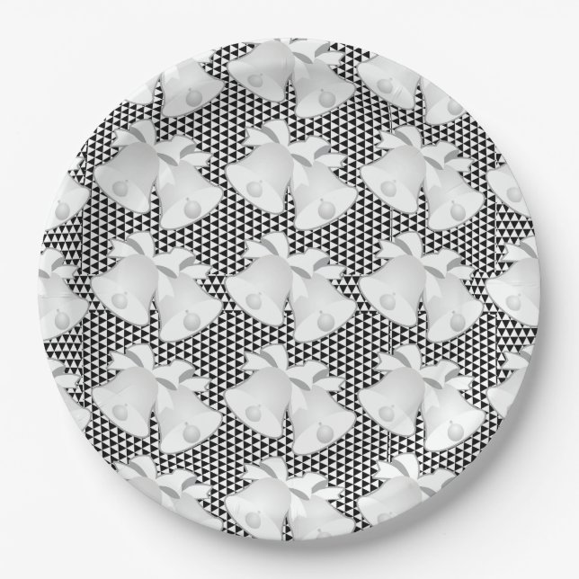 Wedding Bells Repeat Blk White Geo Paper Plate (Front)