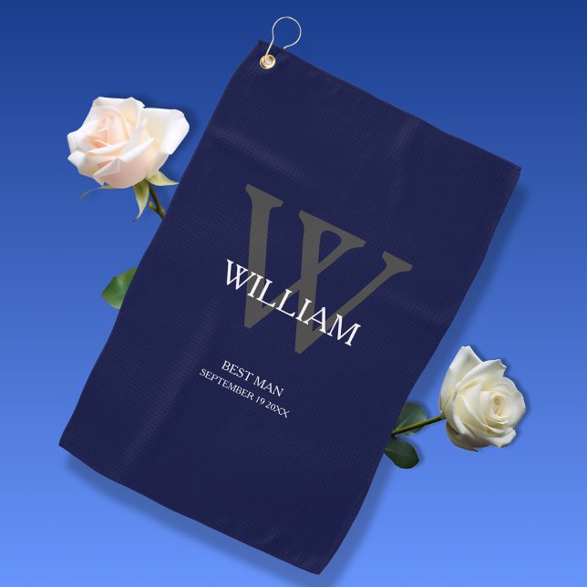 Wedding Best Man Gift Elegant Monogram Navy Blue Golf Towel (He will love it!)