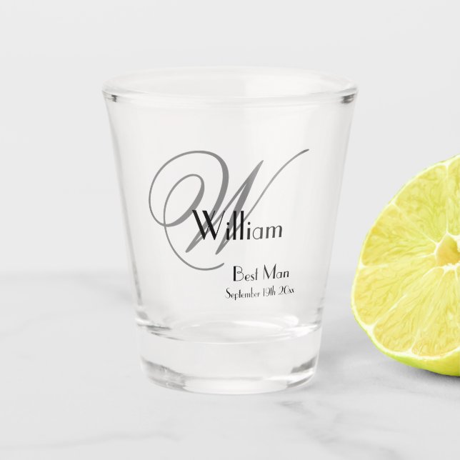 Wedding Best Man Gift Modern Monogram & Name Cool Shot Glass (Front)
