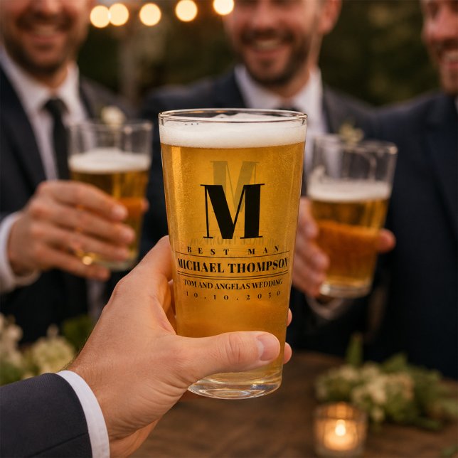 Wedding Best Man Modern Monogram Simple Glass (Personalized Best Man pint glass filled with beer and displayed on an elegant wedding bar.)