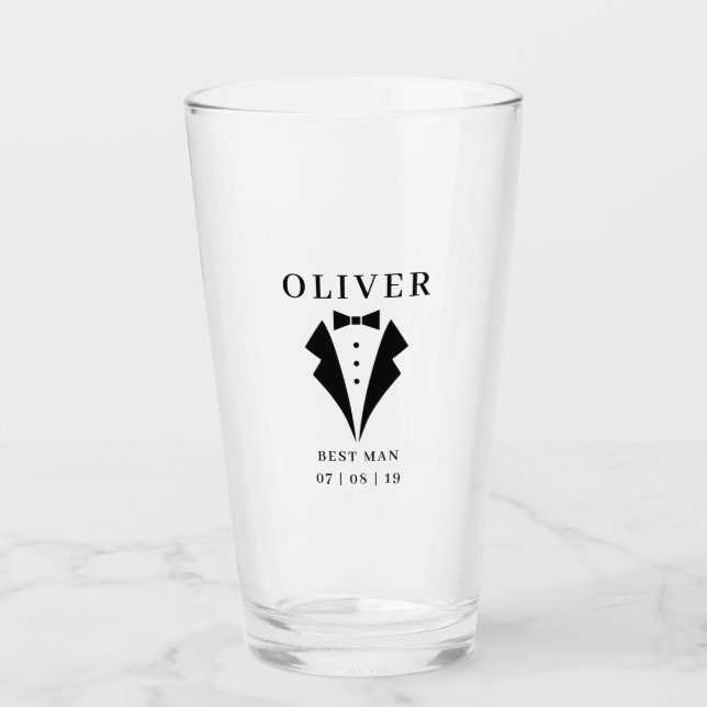 Wedding BEST MAN Tuxedo Personalised Name Pint Glass (Front)