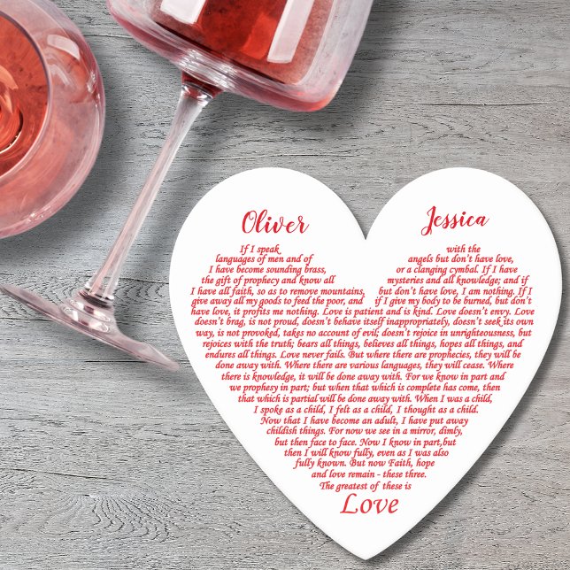 Wedding Bible Quote 1 Corinthians 13 Love Add Name Paper Coaster (Wedding love bible quote 1 Corinthians 13 custom bride and groom name paper coaster red heart)