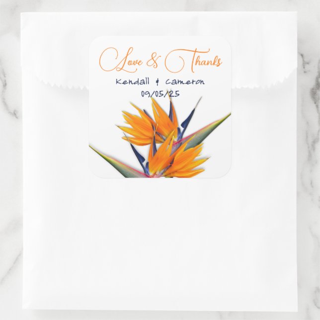 Wedding Bird of Paradise Flowers Thank You Square Sticker (Bag)
