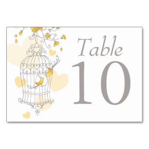 Wedding birds birdcage grey yellow table numbers