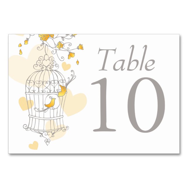 Wedding birds birdcage grey yellow table numbers (Back)