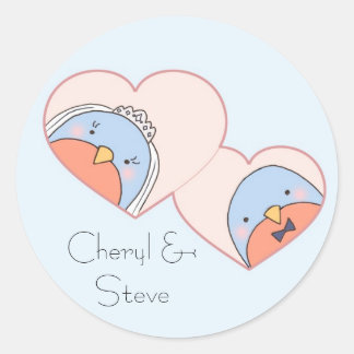 Wedding Birds in Hearts Blue Classic Round Sticker