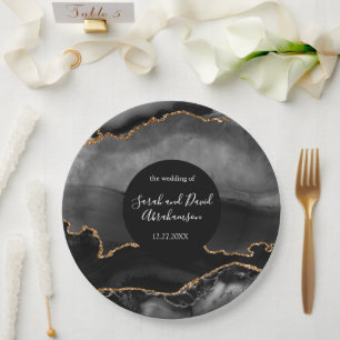 Wedding Black and Gold Glitter Agate Paper Plate