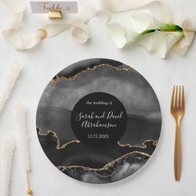 Wedding Black and Gold Glitter Agate Paper Plate (Wedding)