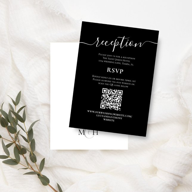 Wedding Black and White QR Code RSVP Reception Enclosure Card (Simple black and white reception and RSVP card with QR Code. )