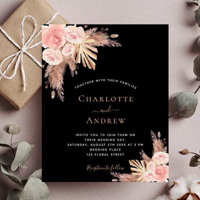 Wedding black boho pampas rose budget invitation flyer (Creator Uploaded)