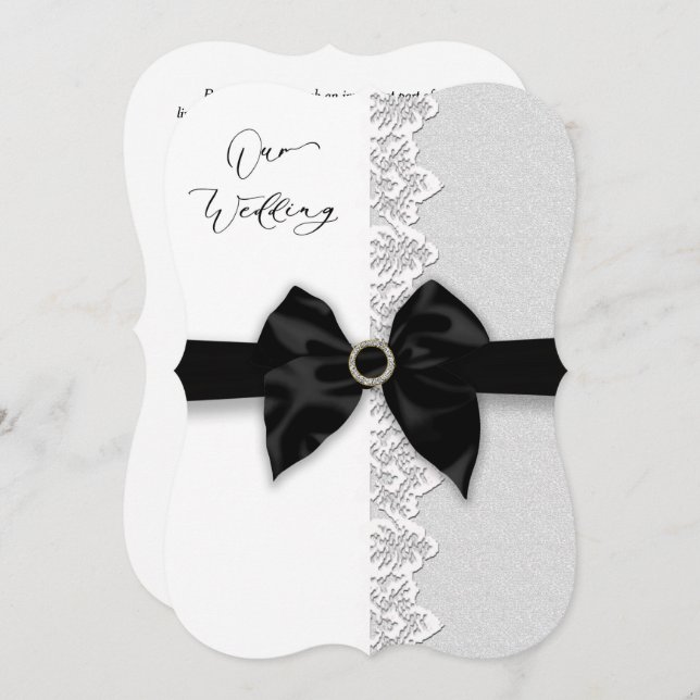 Wedding , Black Bow/Ribbon, Lace (Faux) Border Invitation (Front/Back)