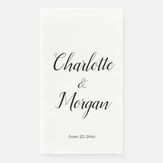 Wedding black custom script bride groom names date napkin (Front)