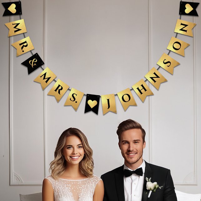 Wedding Black Faux Gold Hearts Mr & Mrs Last Name Bunting (Creator Uploaded)