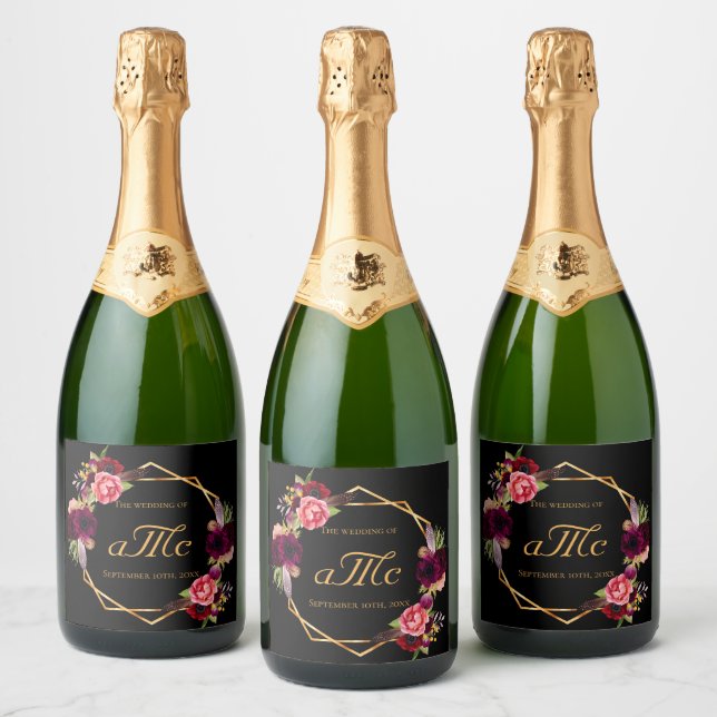 Wedding black flowers burgundy monogram initials sparkling wine label (Bottles)