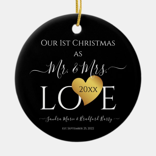 Wedding Black Gold Heart christmas Name Mr  Mrs Ceramic Ornament (Front)