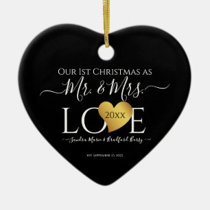 Wedding Black Gold Heart Christmas Name Mr  Mrs Ceramic Ornament