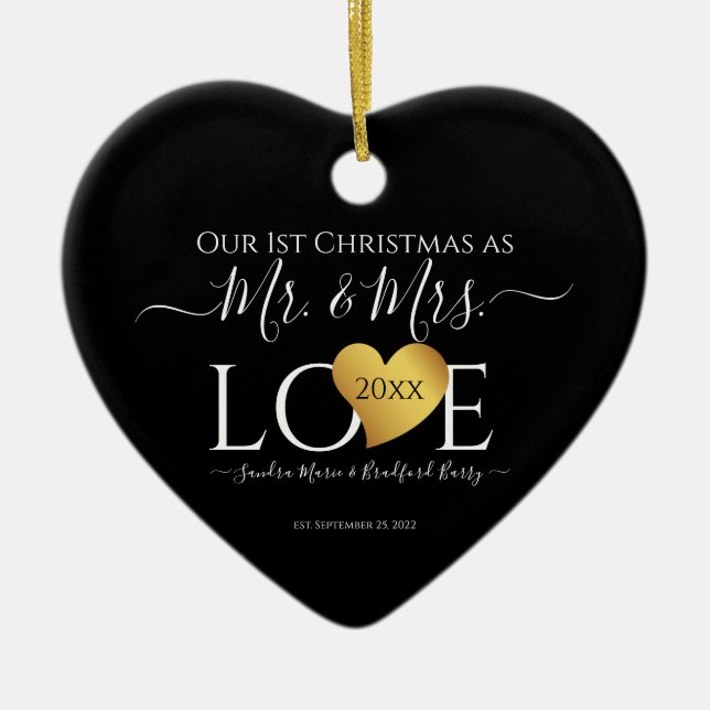 Wedding Black Gold Heart Christmas Name Mr  Mrs Ceramic Ornament (Front)
