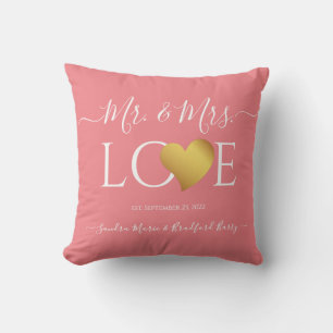 Wedding Black Gold Heart Script Name Mr. and Mrs.  Cushion